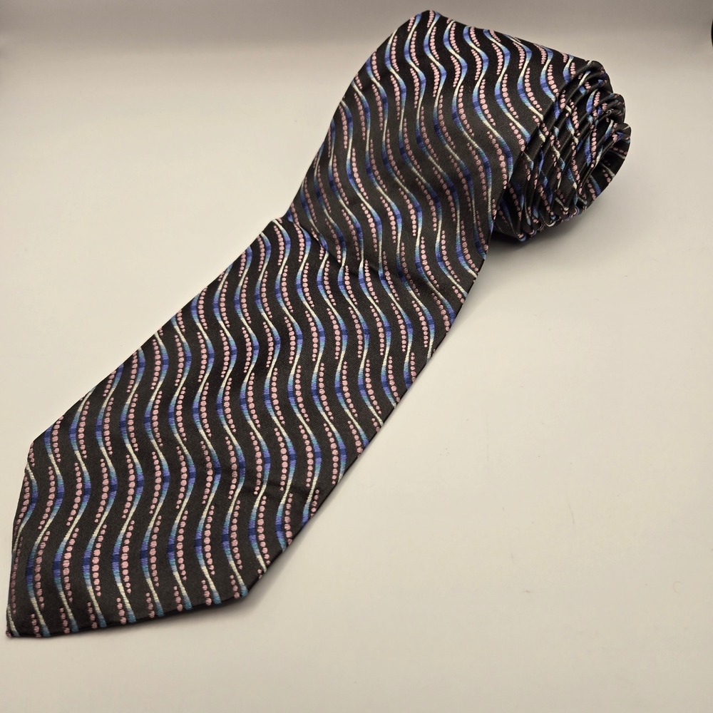 Pavone Mens 100% Silk Tie Made in Italy Black Pink Blue Wavy Dot Pattern‎
